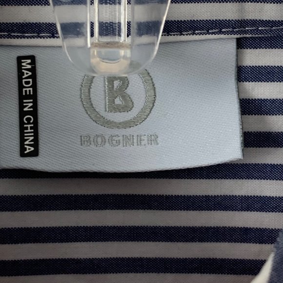 Bogner tunic top Women’s 6 Blue White Stripe Orange Crochet Detail Hidden Button - Picture 2 of 12